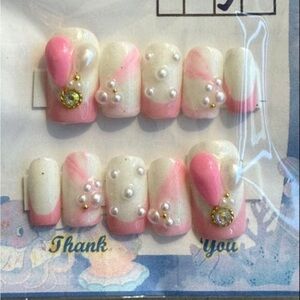 Pink and White Pearl Embellished False Nails